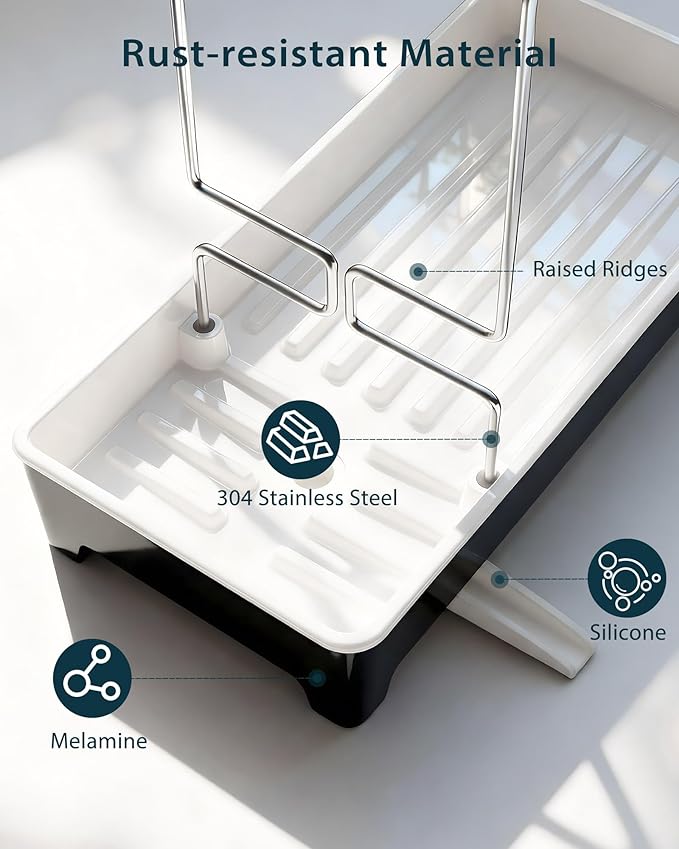Ceramic-Look Sink Caddy, Rustproof Sponge Holder for Kitchen Sink with 304 Stainless-Steel Brush Holder, Countertop Rack Organizer with Raised Ridges & Silicone Drain Tube (Black)
