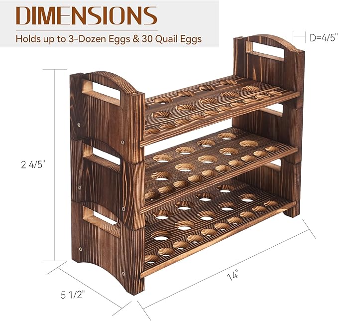 Wooden Egg Holder 3 Layer Fresh Egg Rack Holders Countertop Stackable Quail Egg Sorter Storage Trays Organizer Display Stand Kitchen Rack, Fits Duck, Turkey, Chicken Eggs,up to 36 Eggs, 3 Tier-Brown