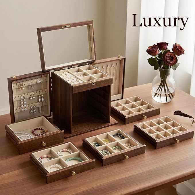 6-Layer Black Walnut Wooden Jewelry Box with Lock and Key, Large Luxury Jewelry Organizer Box for Women, Ideal Christmas Gift for Wife, Mom or Her, Earring & Necklace Storage with Ring Trays