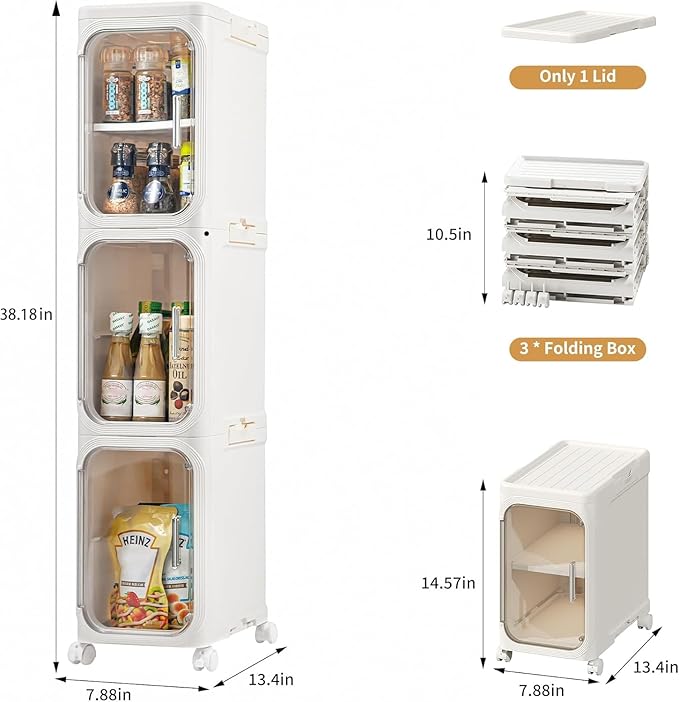 3-Tier Slim Tall Narrow Bathroom Storage Cabinet with Adjustable Shelves and Movable Wheels, Magnetic Doors, Plastic Storage Cabinets and Organizers for Small Space, Cream White