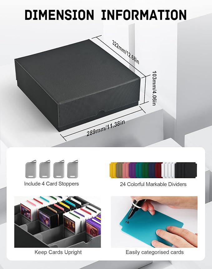 ZLCA Card Storage Box for MTG PTCG, Commander Deck Box Holds 3200+ Cards, Trading Card Storage Case with 4 Stoppers, Card Organizer for TCG Sport Cards(Black)