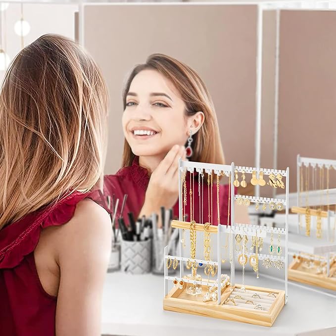 DreamGenius Jewelry Organizer Stand with Velvet Ring Holder, 4 Tier Jewelry Holder Organizer with 11 Hooks for Necklaces and 132 Holes for Earrings, White