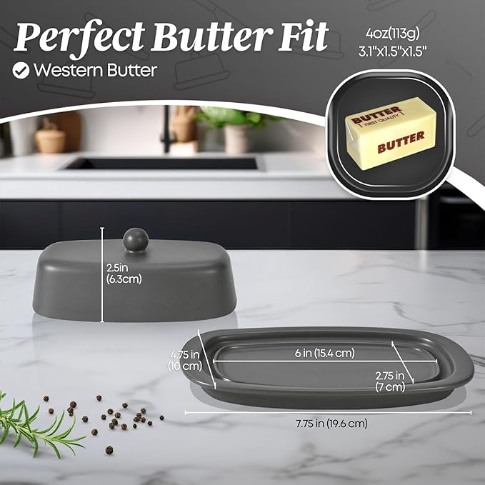 Flexzion Ceramic Gray European Butter Dish with Lid for Countertop (7 Inch) - 1 Stick Butter Holder for Counter, Cream Cheese Container Storage Keeper