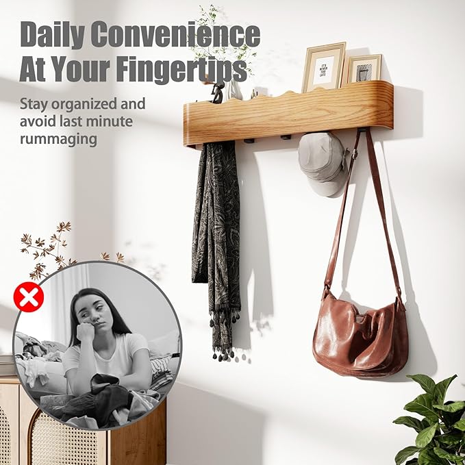 Coat Rack Wall Mount with Shelf 4 Hidden Hooks Modern Wooden Key Holder Entryway Organizer for Hallway Bedroom Bathroom Home Decor Storage for Hanging Coats Hats Bags Towels, Wave-Shape Oak