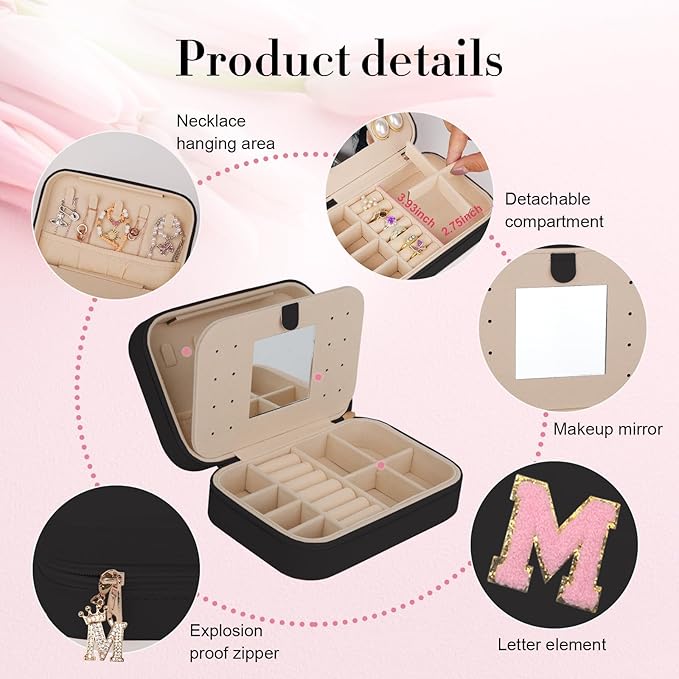 TopPerfekt Travel Jewelry Case, Jewelry Box with Mirror, Jewelry Organizer Bridal Shower Gifts to Her, Earring Storage Travel Case, Trendy Gift for Women and Girls, Girlfriend-Letter M, Black