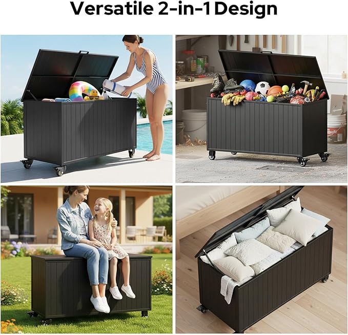 Outdoor Storage Box with Wheels 150 Gallon, Metal Deck Boxes Waterproof, UV Resistant Patio Storage Box with Lid for Patio Furniture, Garden Tools (Black)