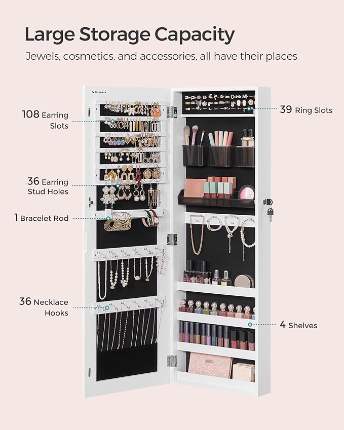 SONGMICS Jewelry Cabinet Armoire, Lockable Wall-Mounted Organizer Unit with 2 Plastic Cosmetic Storage Trays, Full-Length Frameless Mirror, Christmas Gift, White UJJC001W01