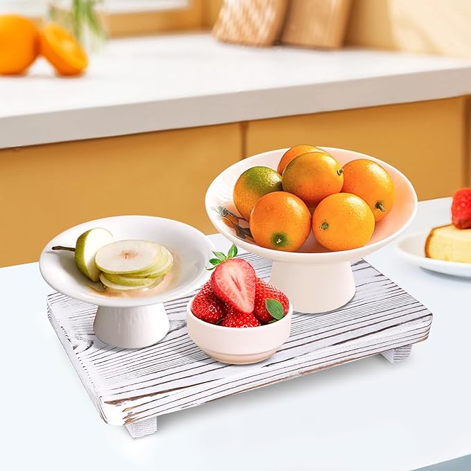 Rustic White Bathroom Counter Tray Wood Risers Display Pedestal Stand Kitchen Countertop Trays Decorative Wooden Riser Soap Dish Dispenser Holder for Bathroom Sink Accessories Kitchen Decor Tray