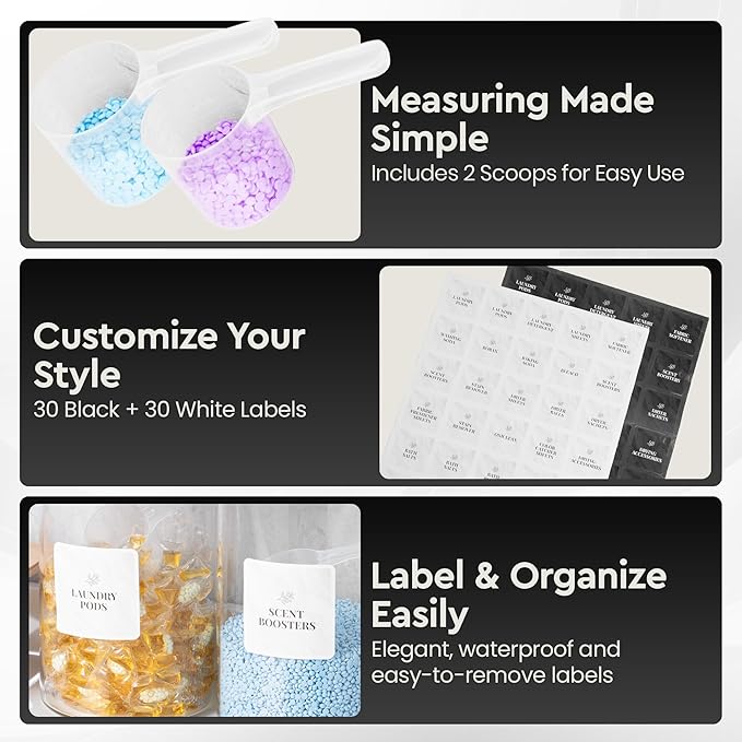 Laundry Pod Storage Container Set | Two 3L Glass Jars & One Acrylic Dryer Sheet Container with Bamboo Lids – Includes 2 Scoops, 60 Waterproof Laundry Labels – Dishwasher Safe