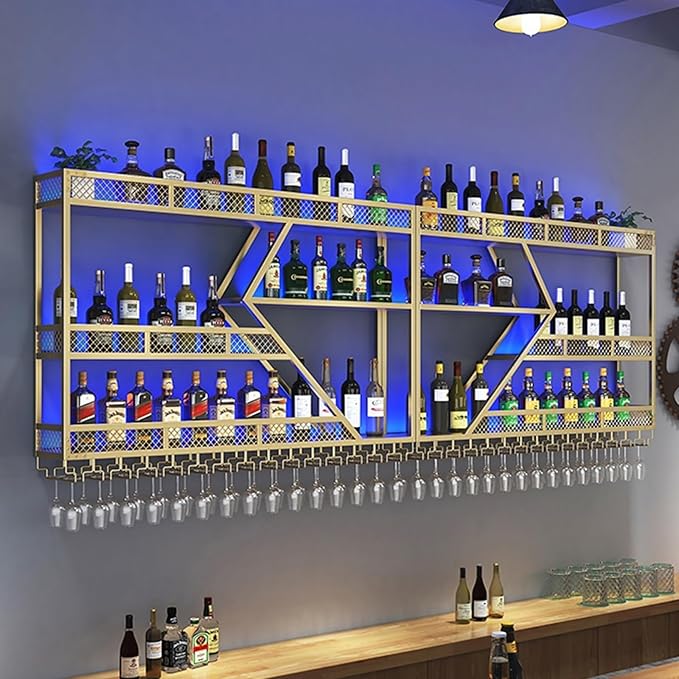 78.7in Wine Rack Wall Mounted, Modern Wine Storage Rack Wall Mounted with Wine Glass Holder, Liquor Shelf, Bar Shelves for Liquor Bottles (3TIERS Gold, 78.7 * 7.87 * 33.85INCH)