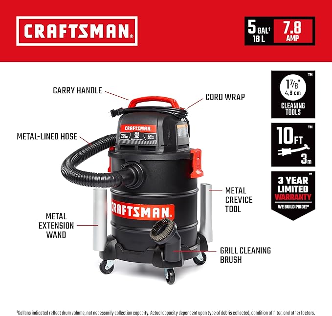 CRAFTSMAN CMXEVBE17050 5 Gallon 7.8 Amp Ash and Grilling Vacuum, Portable Dry Only Shop Vacuum with Drum Filter, Cartridge Filter, Hose and Attachments for Cool/Dry Ash Cleaning