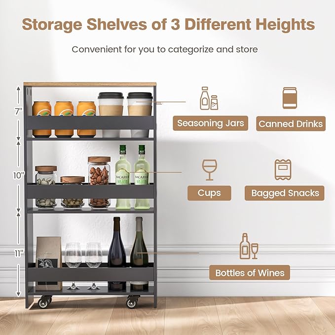 LOKO Slim Storage Cart, 4-Tier Rolling Cart with Handle & Wooden Top for Kitchen Bathroom Laundry Living Room Narrow Small Spaces, 5 Inches Width (Grey & Natural)