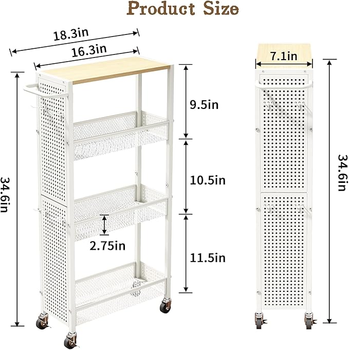 Utility Slim Storage Cart 4 Tier Small Rolling Kitchen Laundry Room Organization Cart with Wood Top Metal Narrow Laundry Room Shelves Cabinet Unit Laundry Organizer Trolley with Handle for Small space
