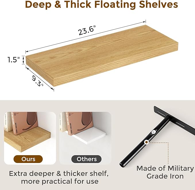 Fun Memories 24 Inch Floating Shelves for Wall 2 Pack for Bedroom|Kitchen|Bathroom, Wall Mounted Rustic Wood Shelves, 9.3 Inch deep Floating Shelf with Invisible Brackets for Books|Storage|Decor,Oak