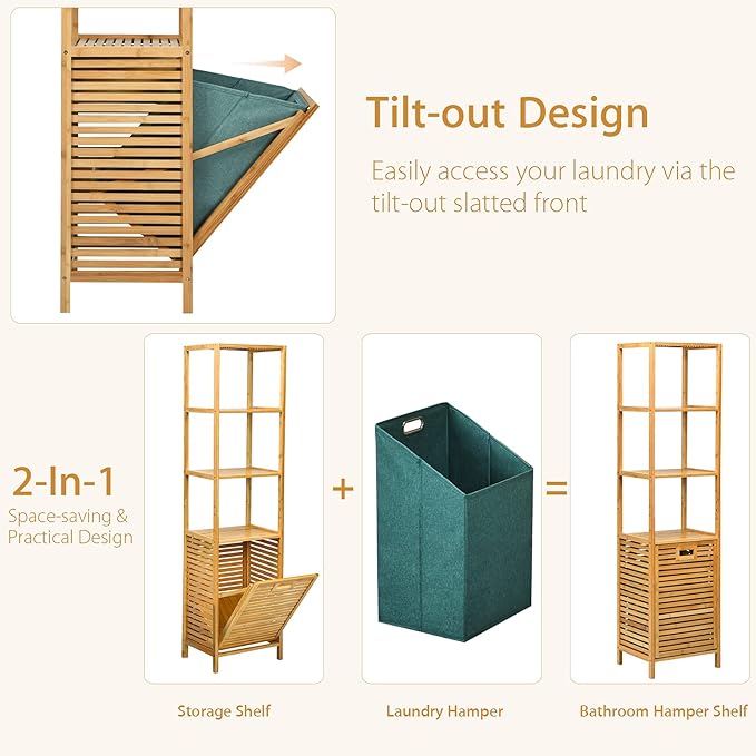 Giantex 63'' Tilt Out Laundry Hamper and 4-Tier Storage Shelves, Removable Clothes Basket with Easy Carry, Bamboo Tower Hamper Organizer, Great for Bathroom, Bedroom, Laundry Room, Closet, Nursery