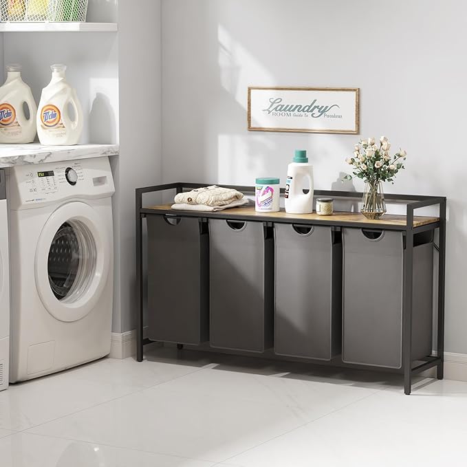 Lifewit Laundry Hamper 4 Section, 168L Pull out Laundry Clothes Basket Organizer with Large Top Shelf and 4 Removable Bags and Handles, Laundry Sorter for Laundry Room Bedroom Bathroom, Gray
