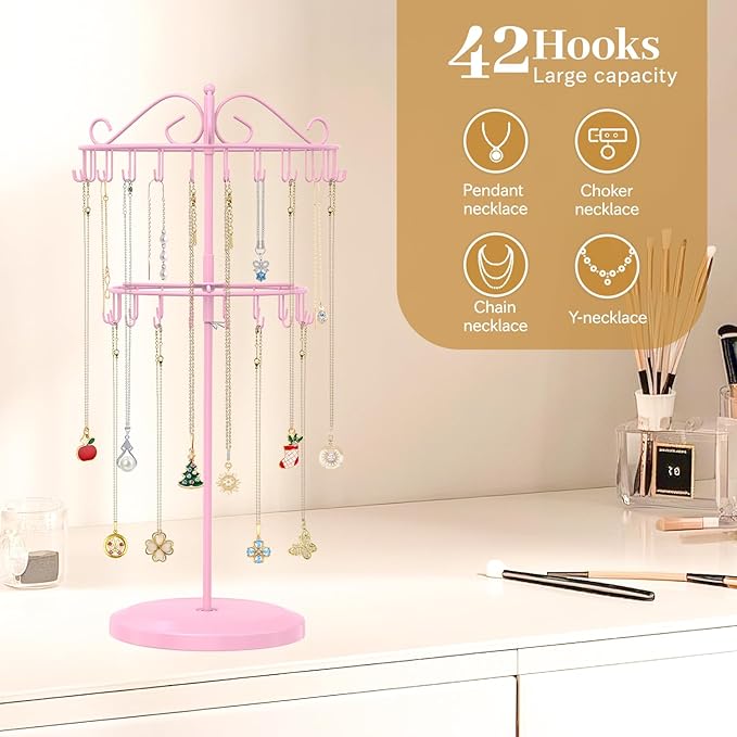 MODOWEY Rotating Necklace Holder Organizer Display Stand with 42 Hooks, 2 Tier Adjustable Metal Tree for Long Necklace Hanger Selling, Tall Spinning Bracelet Storage Rack for Men Women, Pink