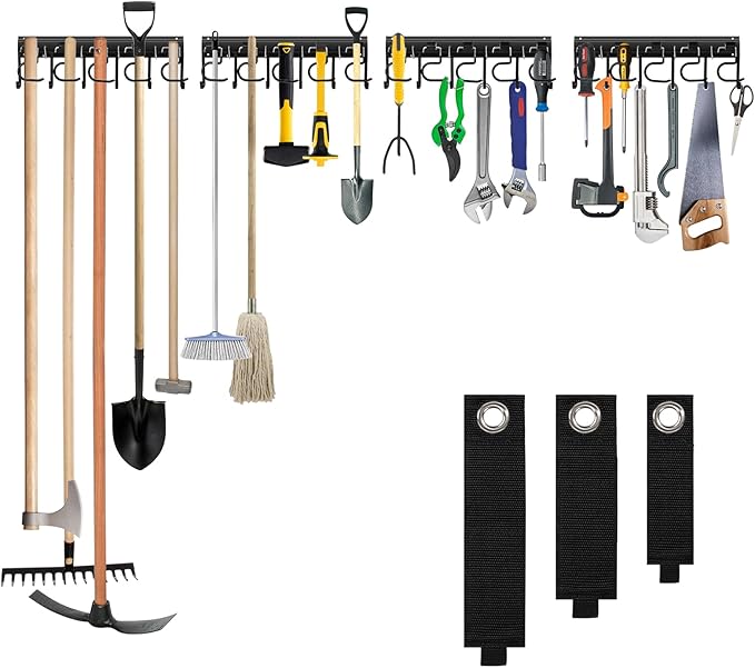 LEYU Metal Garage Tool Organizer Wall Mount, 4 Pack Garden Tool Organizer With Extension Cord Straps, Garage Organization Hooks and Hangers for Shed, Yard Storage, Wall Holder for Hanging Broom Mop