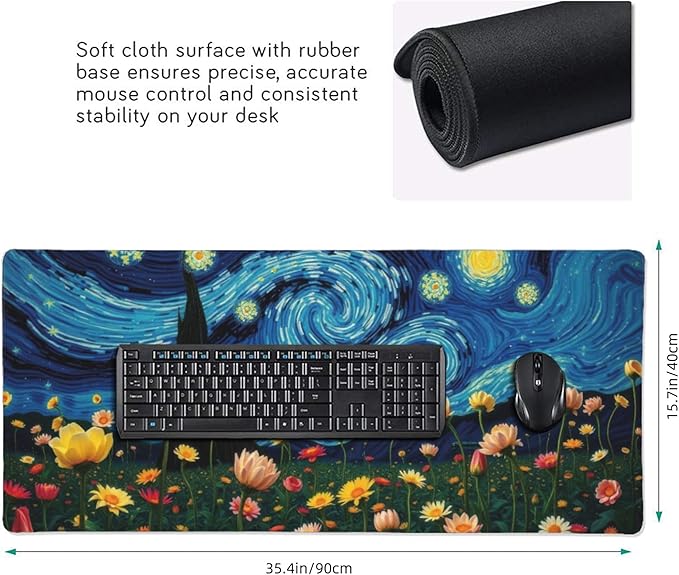 Starry Night Large Mouse Pad, Vintage Aesthetic Flowers Gaming Desk Mat, XXL Keyboard Desk Pad Mat for Desktop, 35.4"x15.7" Non-Slip Base Big Mousepad with Stitched Edges