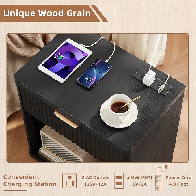 LEYAOYAO Fluted Nightstand with Charging Station, 23" Wide 1 Drawers End Table,Black Night Stand with Open Storage Cabinet, Farmhouse Bed Side Tables, Wood Dresser for Bedroom, Living Room, Closet
