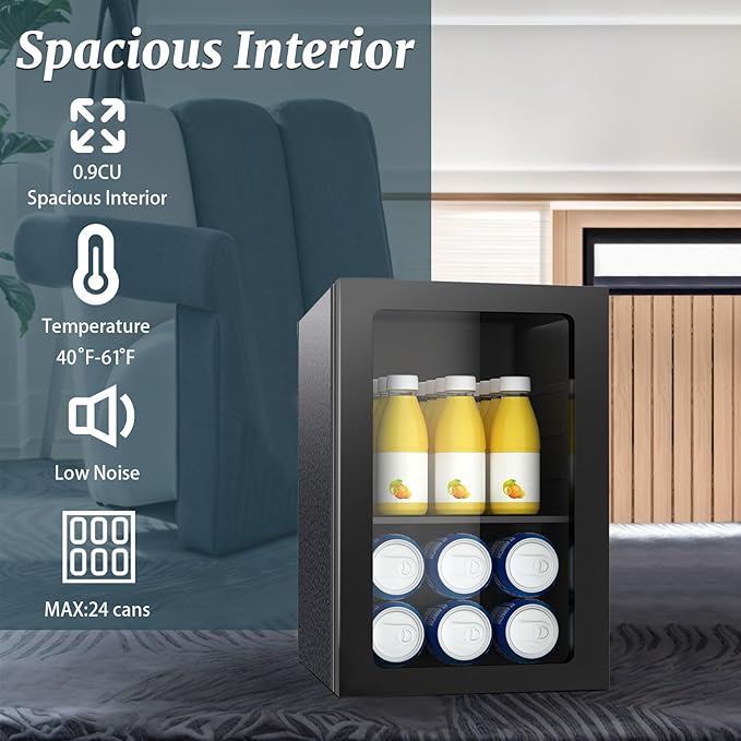 Beverage Refrigerator Cooler, 0.9 Cu.ft Mini Fridge Holds 24 Cans, Solid Door, Manual Temperature Control (at the Back), Quiet Compact Drink Fridge for Soda, Beer, Wine, Office, Dorm, Bar