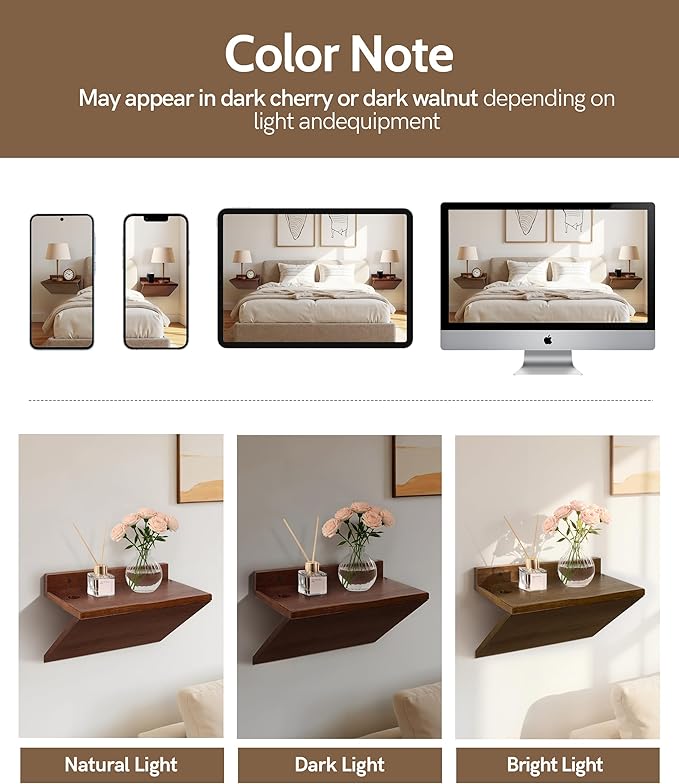 Modern Floating Nightstand Wooden Hanging Bedside Table with Cable Hole Small Wall Mounted Night Stand Shelf Organizer for Bedroom Livingroom 13 Inch Wide 7 Inch Deep