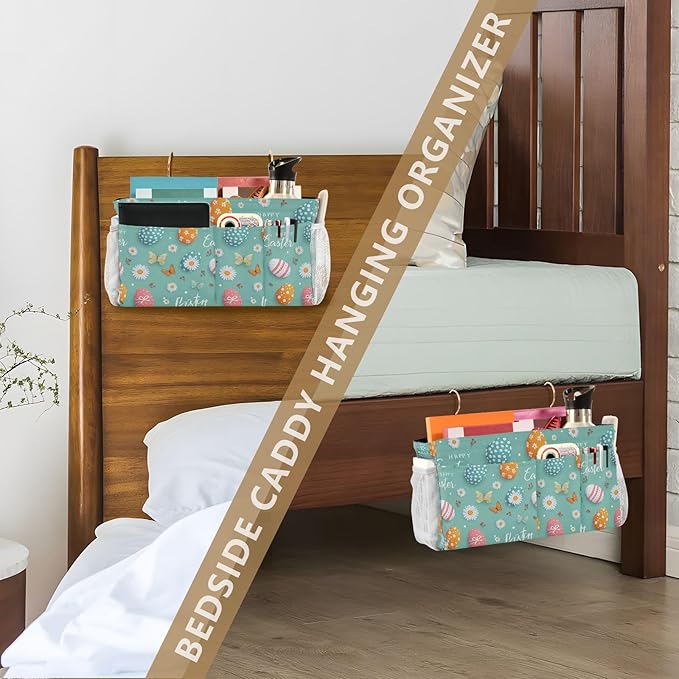 Egg Butterfly Easter Flower Bedside Caddy for Dorm Bed Bedside Hanging Caddy Bag Iron Frame Storage Organizer Pocket for Bunk Home College Hospital Beds 2 Hooks