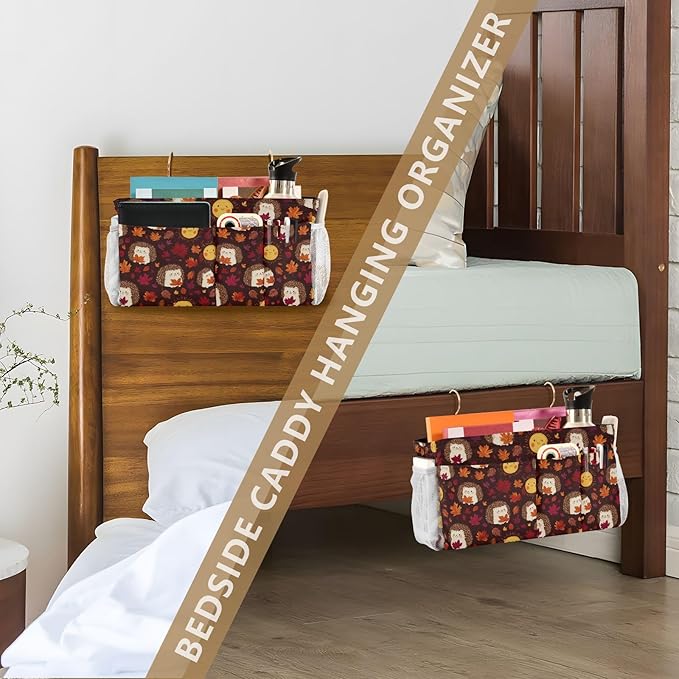 Autumn Leaves Sun Hedgehogs Brown Bedside Caddy for Dorm Bed Bedside Hanging Caddy Bag Iron Frame Storage Organizer Pocket for Bunk Home College Hospital Beds 2 Hooks