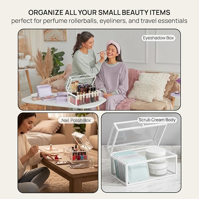 40 Lipsticks Organizer with Lid, Glass Display Box Fits Large Perfume & Skincare, Easy-Access Organiser for Vanity Countertop, Multifunctional Display Box in Any Rooms