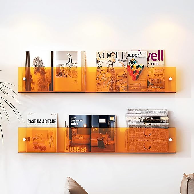 ROYALITA 2-Pack Acrylic Magazine Holder Brochure Holder, 24" Record Holder Magazine Rack, Fashion Hanging Bookshelf Literature Storage Rack for Waiting Room, Living Room, Office, Orange 24 Inch