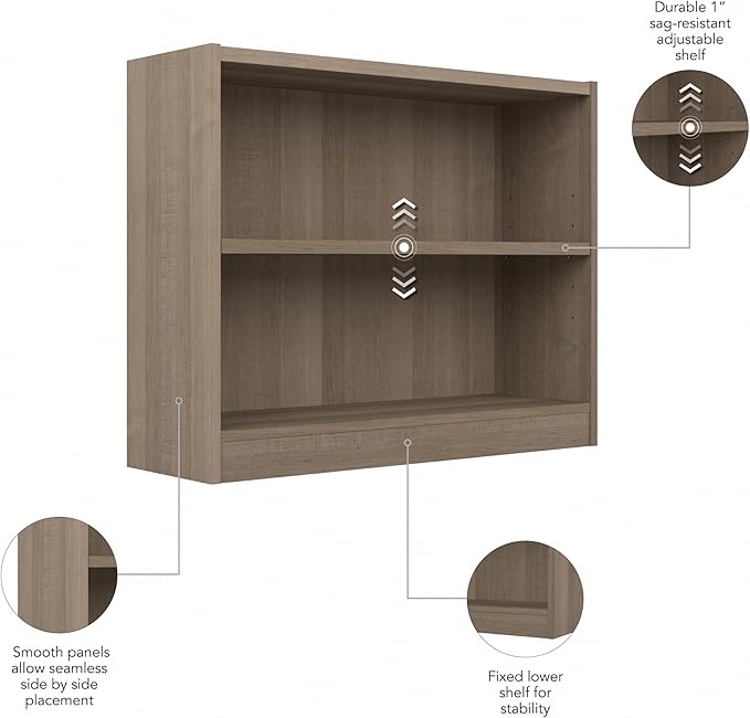 Bush Furniture Universal Small 2 Shelf Bookcase in Ash Gray, Low Storage and Display Bookshelf for Home Office or Living Room Organization