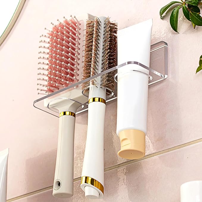 2pcs Acrylic Hair Brush Holder for Bathroom Adhesive Hair Tool Organizer Transparent Wall Mounted Comb Holder Organizer with 3 Holes No Drilling for Combs, Curling Irons, Flat Irons