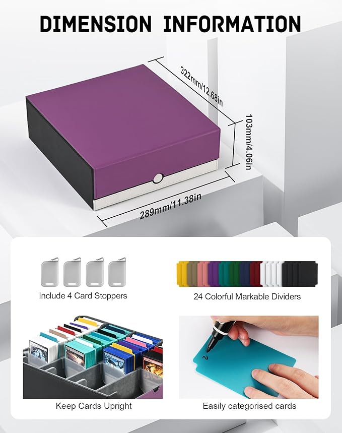 ZLCA Card Storage Box Holds 3200+, Deck Storage Case with 4 Stoppers, Card Organizer for TCG MTG PTCG(Purple& White)