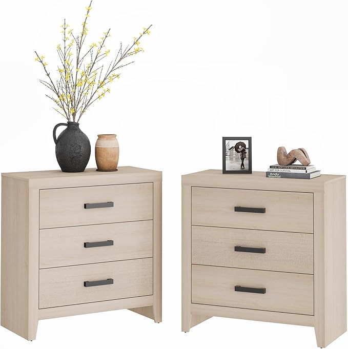 WAMPAT Farmhouse 3 Drawer Nightstand Set of 2, Large Wood Bedside Tables, 32" Wide End Tables with Storage for Living Room, Bedroom, Hallway, Beige
