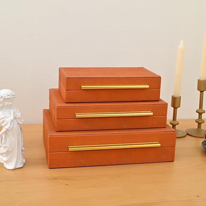 Faux Shagreen Leather Jewelry Storage Boxes Set of 3 with Gold Handles, Velvet Lined Stackable Organizer for Women, Vanity, Dresser, Gift, Burnt Orange