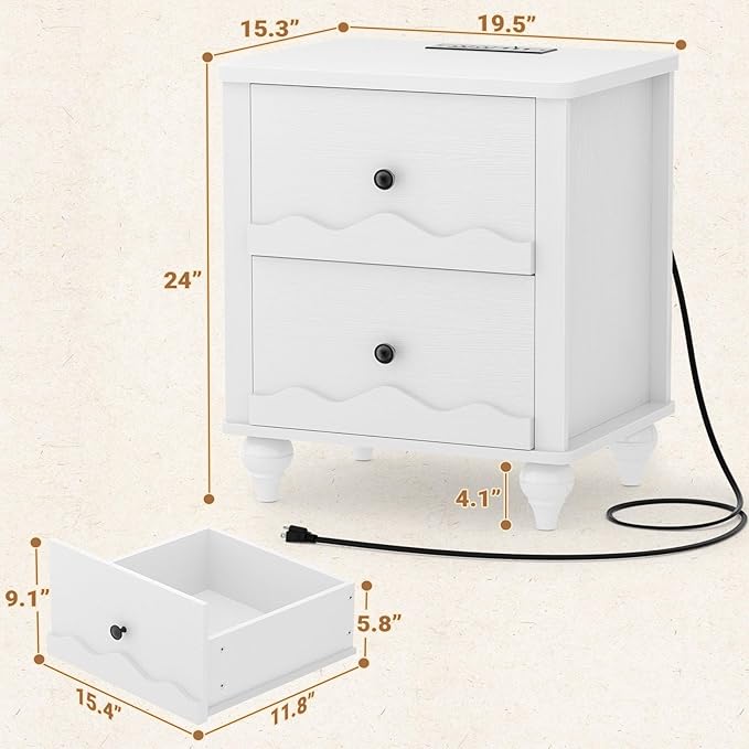 Cyclysio Nightstand with Charging Station, Side End Table with 2 Drawers, Modern Wood Night Stand with Scalloped Pattern for Bedroom, Bedside Night Tables with Solid Wood Gourd Legs