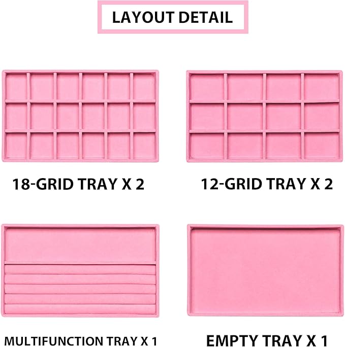 Frebeauty Jewelry Organizer Tray,Stackable Velvet Jewelry Trays,Drawer Inserts Earring Organizer For Women Jewelry Storage Display Case for Rings Stud Necklaces,Set of 6(Pink)