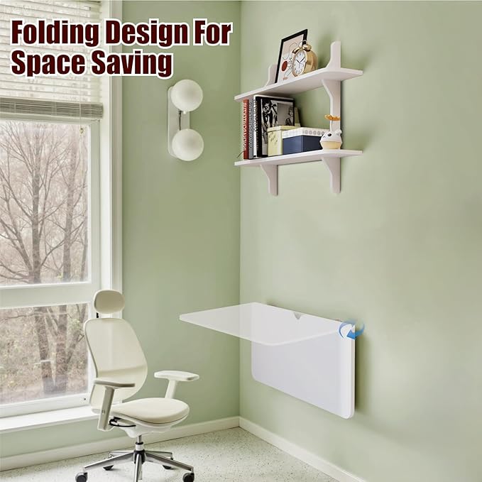 Pmnianhua Wall Mounted Folding Table, 31'' Floating Laptop Desk with Shelves, Foldable Drop Leaf Table, Wall Mount Fold Down Table for Laundry Room Kitchen Bar Home Office Small Space(White)