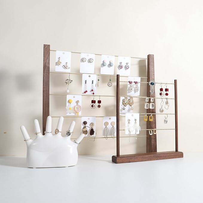GemeShou 5 Tiers Walnut Earring display stands for selling, Wooden Jewelry Shelf, Earring Storage Organizer, Brass earring holders with 30 PVC cards for stud Dangle Hoop【Walnut 5-Tier】