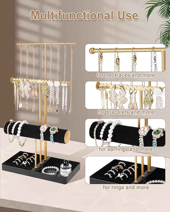 Cirhy Jewelry Organizer Stand, 3 Tier Necklace Holder for Women, Adjustable Jewelry Tree with Velvet Bracelet & Ring Tray, Elegant Jewelry Display for Necklaces, Bracelets, and Earrings（Black）