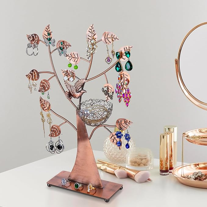 MyGift 14-Inch Modern Bronze Jewelry Organizer Tree with Bird Nest – Holds 48 Earrings, Necklace & Bracelet Stand, Metal Tabletop Display for Rings, Trinkets – Decorative Storage for Home Décor
