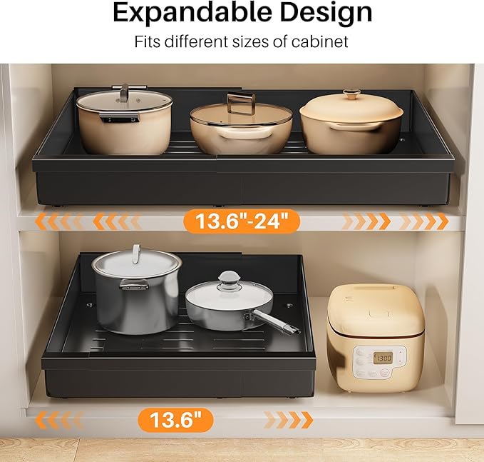 Pull out Cabinet Organizer, 1-Pack Expandable(13.6"-24") Silde out Drawers with Raising Pad for Framed Cabinets, Adjustable Full-Extension Adhesive Roll out Shelves for Kitchen Pantry Home Pot and Pan