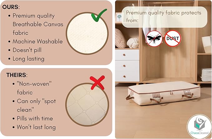 Under Bed Storage Bags 2 Pack - Low Blanket Storage Containers for Bedding, Linens & Sweaters, Made from Canvas, Extra Durable & Perfect Space Saving Solution, 38"L x 19"W x 6"H, Beige