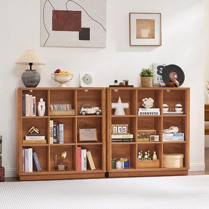 9 Cube Storage Book Shelf, 41" Tall Organizer Bookshelf with Curved Edge, Wood Floor Standing 3-Tier Cubby Bookcase with Base, Country Rustic Display Book Case for Library, Office, Brown