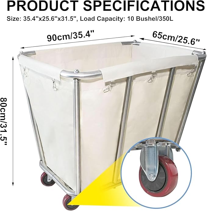 10 Bushel Laundry Cart with Wheels,Heavy Duty Industrial Rolling Commercial Home Beige Large Rolling Storage Laundry Basket, Stainless Steel Laundry Hamper Service Cart,260LBS Load