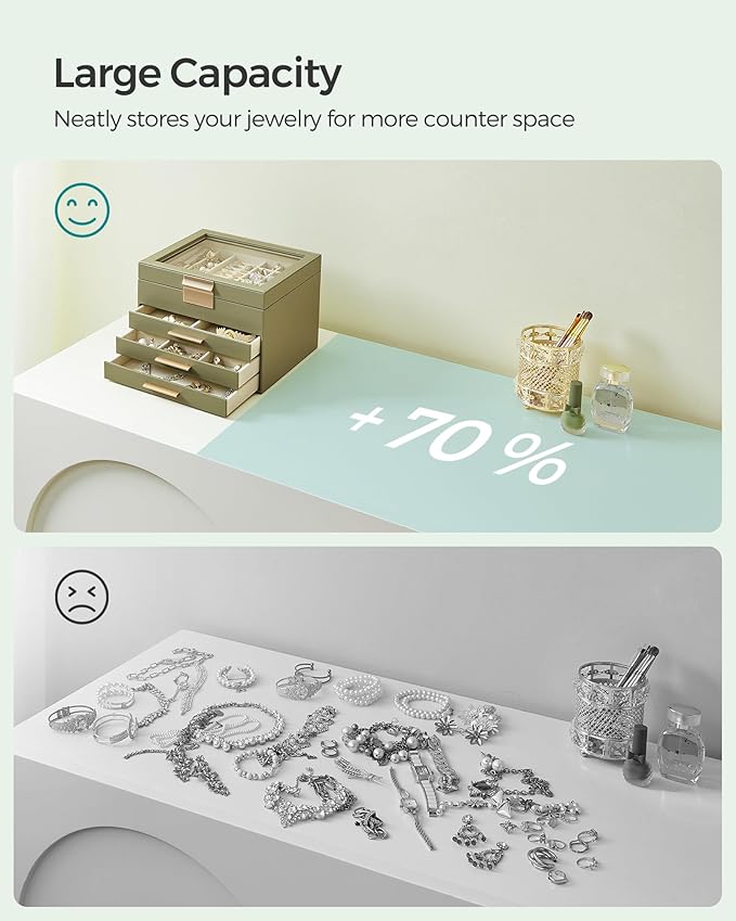 SONGMICS Jewelry Box Organizer with Glass Lid, 4-Layer Jewelry Storage, with 3 Drawers, Modern Style, Christmas Gift, 8 x 9.1 x 6.5 Inches, Avocado Green and Gold Color UJBC173C02