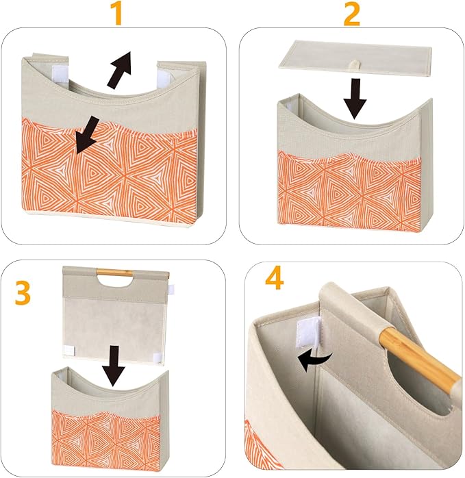 EZDeco Magazine Holder,Boho Foldable Magazine Rack Storage Basket with Bamboo Handles,Holds Multiple Magazines with 3 Pockets,Magazine Basket for Home Office Book,File, Newspaper