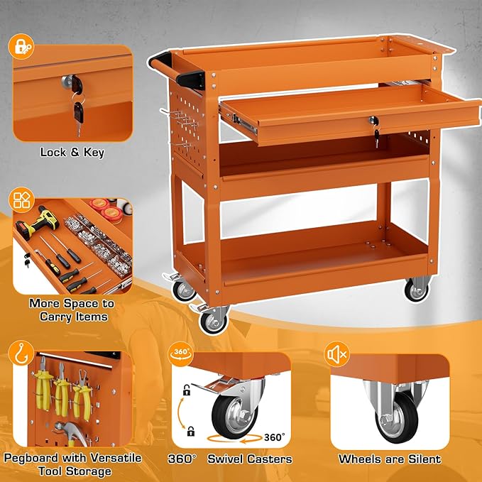 3 Tier Tool Cart on Wheels with Drawers - Three Tier Rolling Cart with Lockable Storage - Mechanic Tool Chest - Tool Chest with Wheels Used in Garage, Indoors, Workshop (Orange)