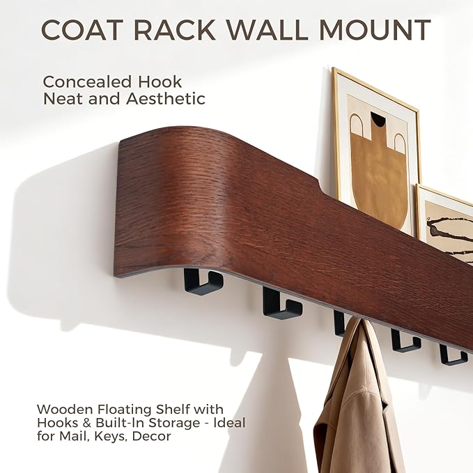 Wall Coat Rack Floating Shelves Modern Coat Rack Wall Mount with Storage Entryway Shelf Wooden Hanger 20 Inch 4 Hidden Metal Hooks for Living Room Bedroom (Walnut Color, 5 Hooks)