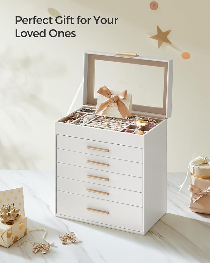 SONGMICS Jewelry Box Organizer with Glass Lid, 6-Layer Jewelry Storage, with 5 Drawers, Modern Style, Christmas Gift, 6.4 x 9.9 x 11.4 Inches, Cloud White and Gold Color UJBC171W01